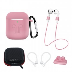 Set of AirPods 2 / AirPods 1 silicone case + case / ear hook / neck strap / watch strap holder / carabiner - blue