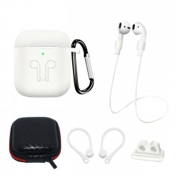 Silicone Case Set for AirPods 2 / AirPods 1 + Case / Ear Hook / Neck Strap / Watch Strap Holder / Carabiner - White