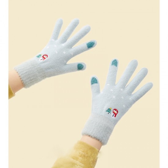 Women's winter telephone gloves with a snowman and a Christmas tree - green