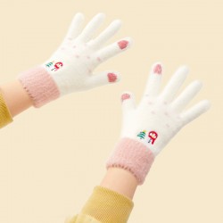 Women's winter telephone gloves with a snowman and a Christmas tree - white and pink
