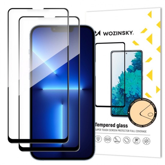 Wozinsky Set of 2x Super Durable Full Glue Tempered Glass Screen Protector with Frame Case Friendly iPhone 17e / 16e, iPhone 14, iPhone 13 Pro / iPhone 13 Black