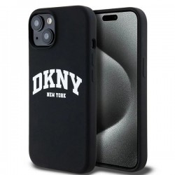 DKNY Liquid Silicone White Printed Logo MagSafe Case for iPhone 15 Plus / 14 Plus - Black