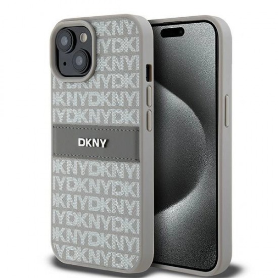 DKNY Leather Mono Stripe & Metal Logo case for iPhone 15 Plus / 14 Plus - beige