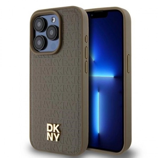DKNY Leather Pattern Metal Logo MagSafe Case for iPhone 14 Pro Max - Brown
