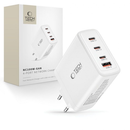 Tech-Protect NC100W-GAN charger GaN 3x USB-C PD 100W / USB-A QC 3.0 - white