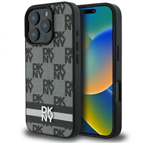 DKNY Checkered Pattern & Printed Stripes Case for iPhone 16 Pro Max - Black