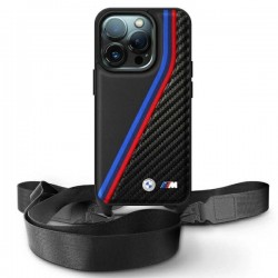 BMW M Edition Carbon Tricolor Lines & Strap Case for iPhone 16 Pro Max - Black