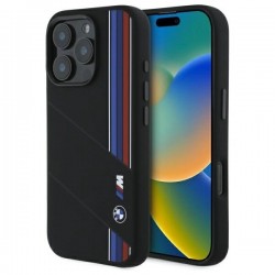 BMW Silicone Cut Tricolor Lines MagSafe Case for iPhone 16 Pro Max - Black