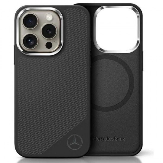 Mercedes Silicone Tonal Logo Wood Pattern MagSafe iPhone 16 Pro Max Case - Black