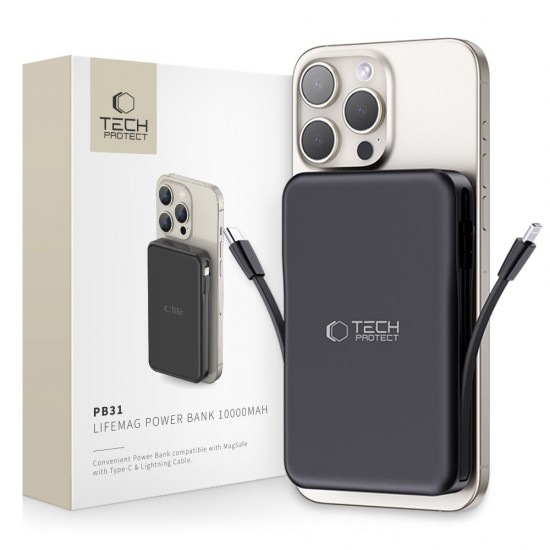 Tech-Protect LifeMag PB31 Power Bank with MagSafe 10000mAh 15W USB-C / USB-A / Built-in USB-C / Lightning Cables - Black