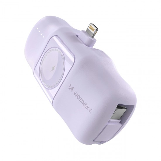 Wozinsky WF16-YLS 5000mAh 15W Lightning Mini Power Bank with Built-in USB-C Cable and Apple Watch Charger - Purple
