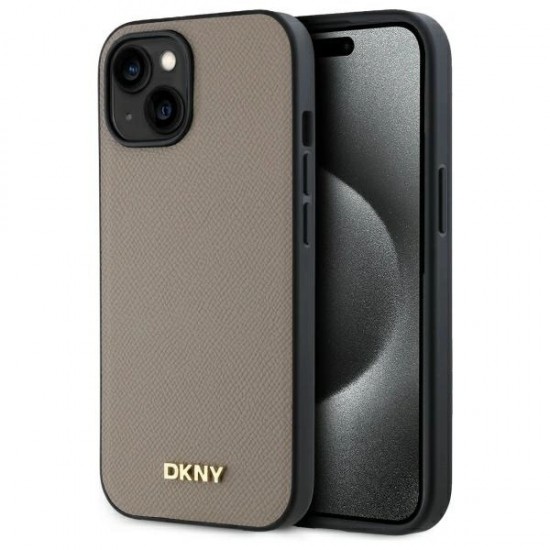 DKNY Grained Metal Logo MagSafe iPhone 15 Case - Beige