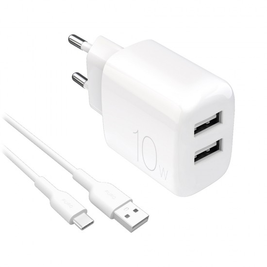 Puro PROLITE 10W 2x USB-A wall charger + USB-A - USB-C cable 1.2m - white