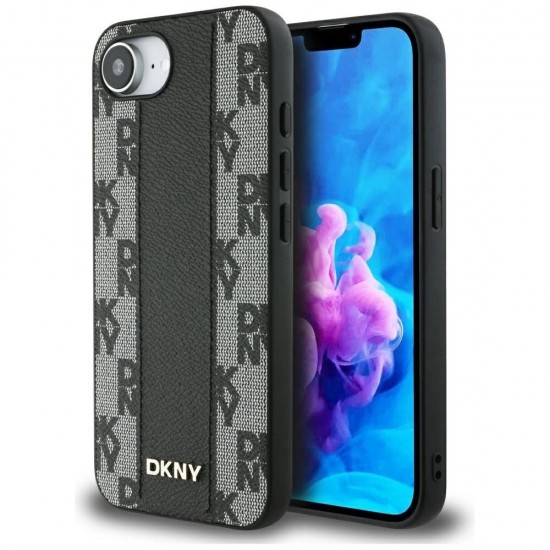 DKNY Leather Checkered Mono Pattern MagSafe iPhone 16e Case - Black