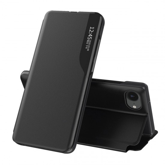Eco Leather View Case, an elegant case with a flap and stand for iPhone 16e / 17e - black