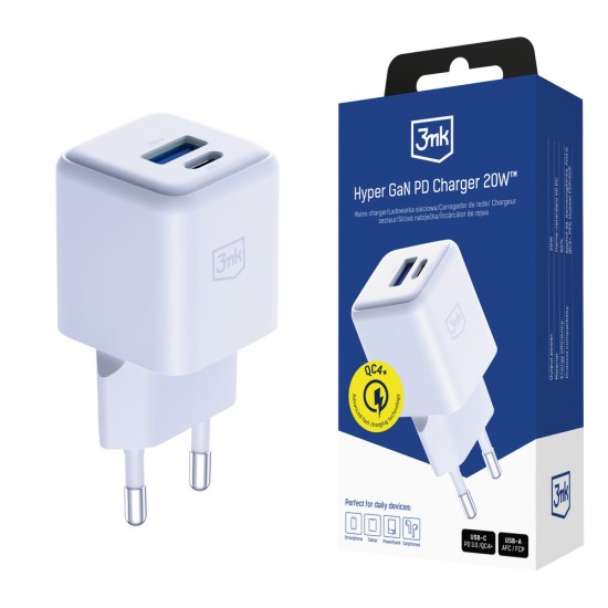 3mk Hyper GaN Charger 20W QC4+ PD PPS USB-C USB-A Wall Charger - White