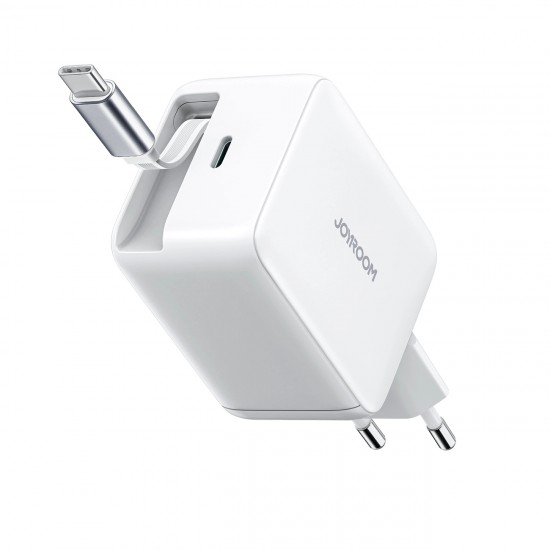 Joyroom JR-TCL06 67W GaN Wall Charger with Built-in Retractable USB-C Cable - White