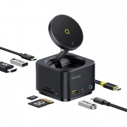 Baseus MagPro Series II 7-in-1 USB-C Hub with MagSafe-compatible Charger 15W + HDMI + USB-A + USB-C + SD/TF - Black