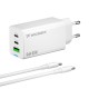 Wozinsky GaN 65W Charger with USB-A 2xUSB-C Ports with 65W USB-C Cable - White