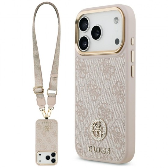 Guess 4G Strass Logo & Big Strap Metal Buttons MagSafe Case for iPhone 17 Pro - Pink