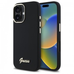 Guess Silicone Script Metal Logo & Frame Case for iPhone 16 - Black