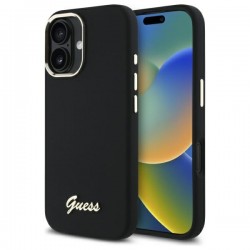 Guess Silicone Script Metal Logo & Frame Case for iPhone 16 Plus - Black