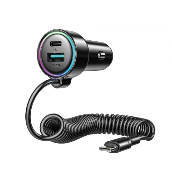 Joyroom JR-CL07 72W 3-in-1 Car Charger with 1.6m USB-C Cable – Black