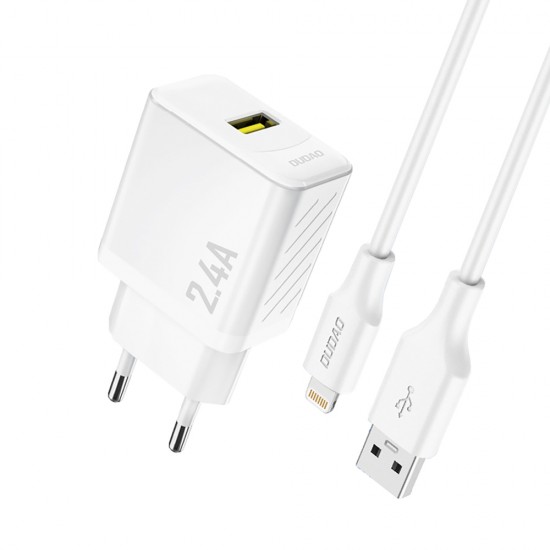 Dudao A23LEU 2.4A GaN EU USB-A Wall Charger with USB-A to Lightning Cable - White
