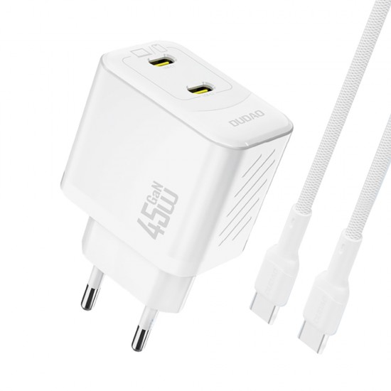 Dudao A28PCEU PD 45W GaN 2xUSB-C Wall Charger with USB-C Cable - White