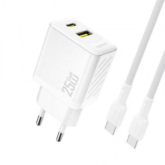 Dudao A26TCEU PD QC 25W GaN USB-A USB-C Wall Charger with USB-C Cable - White