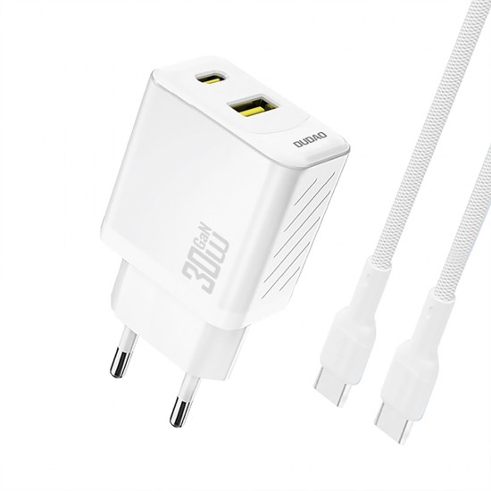 Dudao A27TCEU PD 30W GaN USB-A USB-C Wall Charger with USB-C Cable - White