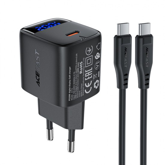 Acefast A113 GaN PD 20W USB-C Wall Charger with Display with USB-C Cable - Black