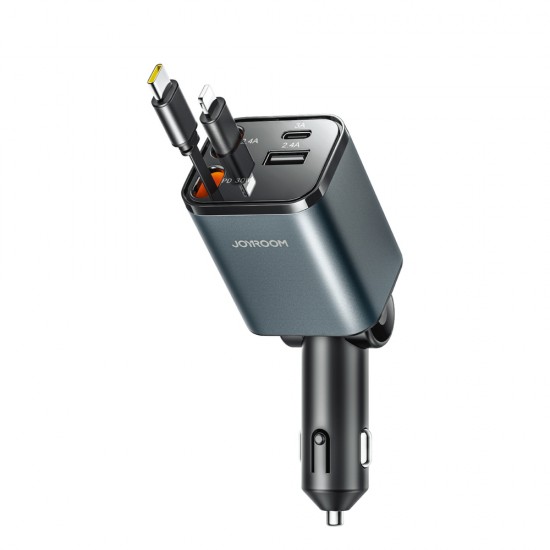 Joyroom JR-CCL05 30W 4-in-1 Car Charger with 2 Built-in Retractable Cables - Dark Gray