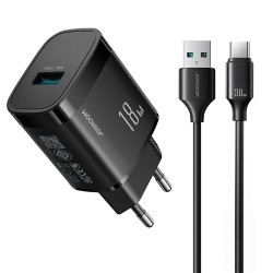 Joyroom JR-TF4 18W wall charger with 3A USB-A - USB-C 1m cable - black
