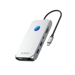 Orico XCR 12in1 RGB USB-C Docking Station 3x USB-A 3.1 1x USB-A 2.0 1x USB-C PD 100 W 1x USB-C 3.1 1x HDMI 1.4 4K 30Hz 1x VGA 1080p 1x microSD/SD 3.0 1x RJ Gigabit Ethernet 1x Audio CTIA 3.5 mm - Silver
