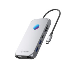 Orico XCR 12in1 RGB USB-C Docking Station 3x USB-A 3.1 1x USB-A 2.0 1x USB-C PD 100 W 1x USB-C 3.1 1x HDMI 1.4 4K 30Hz 1x VGA 1080p 1x microSD/SD 3.0 1x RJ Gigabit Ethernet 1x Audio CTIA 3.5 mm - Gray