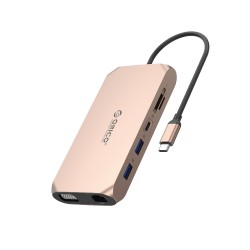 Orico XCR 12in1 USB-C Docking Station 3x USB-A 3.1 1x USB-A 2.0 1x USB-C PD 100W 1x USB-C 3.1 1x HDMI 1.4 4K 30 Hz 1x VGA 1080p 1x SD 3.0 1x microSD 3.0 1x RJ45 Gigabit Ethernet 1x audio CTIA 3.5mm - Rose Gold