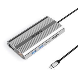 Orico XDR 12in1 USB-C Docking Station USB-A USB-C HDMI 4K VGA RJ45 Gigabit PD 100W SD and microSD Card Reader - Silver