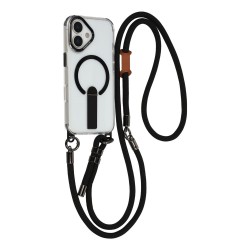 iPhone 17 case with stand, short strap (30 cm) and long strap (120 cm), compatible with MagSafe - black