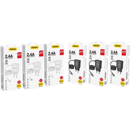 Dudao 2x USB wall charger with built-in USB Type C cable 12 W black (A2ProT black)