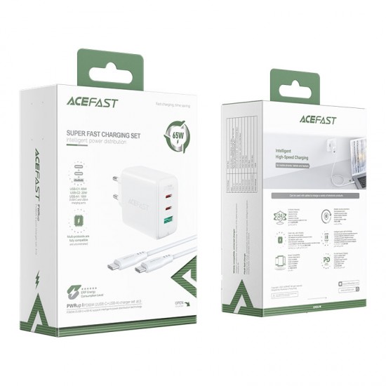 Acefast 2in1 wall charger 2x USB-C / USB-A 65W, PD, QC 3.0, AFC, FCP (set with USB-C 1.2m cable) white (A13 white)