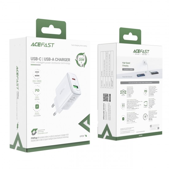 Acefast wall charger USB Type C / USB 20W, PPS, PD, QC 3.0, AFC, FCP white (A25 white)