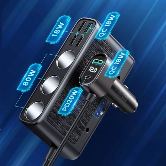 Joyroom JR-CL06 9in1 car charger 154W 5x USB-A / USB-C / 3x cigarette lighter socket PD QC PPS - black