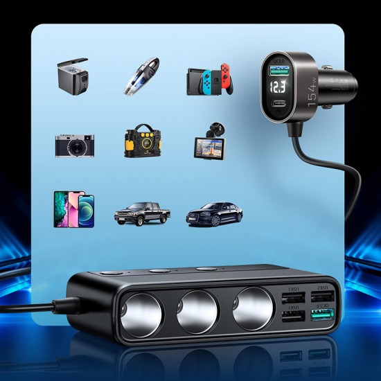 Joyroom JR-CL06 9in1 car charger 154W 5x USB-A / USB-C / 3x cigarette lighter socket PD QC PPS - black