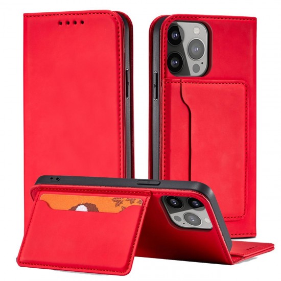 Magnet Card Case case for iPhone 14 Pro Max flip cover wallet stand red
