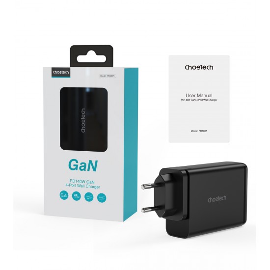 Choetech charger GaN 140W 4 ports (2x USB C, 2x USB) black (PD6005)