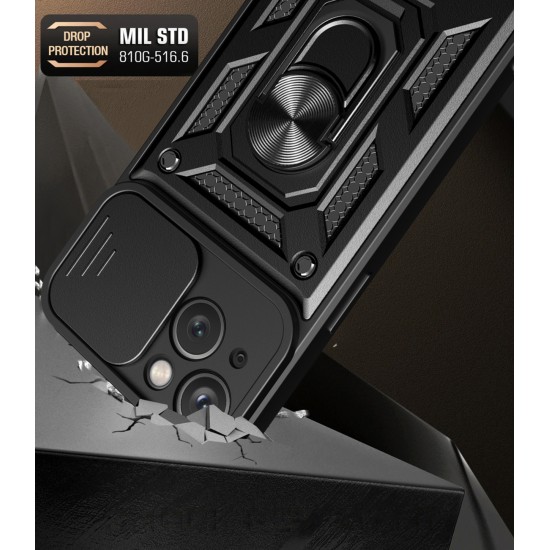 Hybrid Armor Camshield Case with Stand and Camera Cover for iPhone 15 Plus - Black