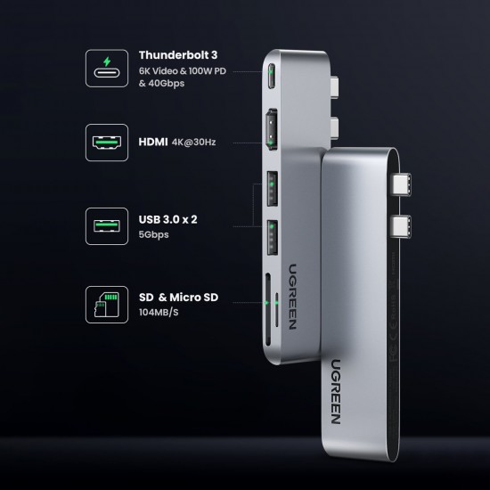 HUB Ugreen CM380 2xUSB C - HDMI/2xUSB 3.0/SD TF/USB C PD - gray