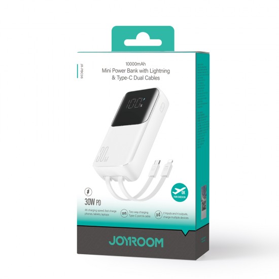 Mini power bank with built-in cables Joyroom JR-PBC06 30W 10000mAh - white