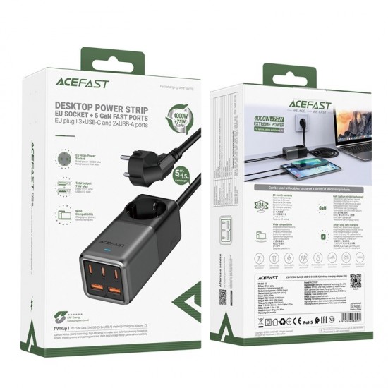Acefast Z2 GaN 75W PD desktop charger 3x USB-C 2x USB-A - black and gray